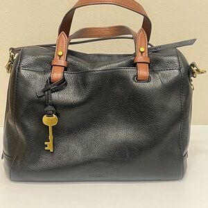 Fossil Black Leather Satchel with Brown Handles